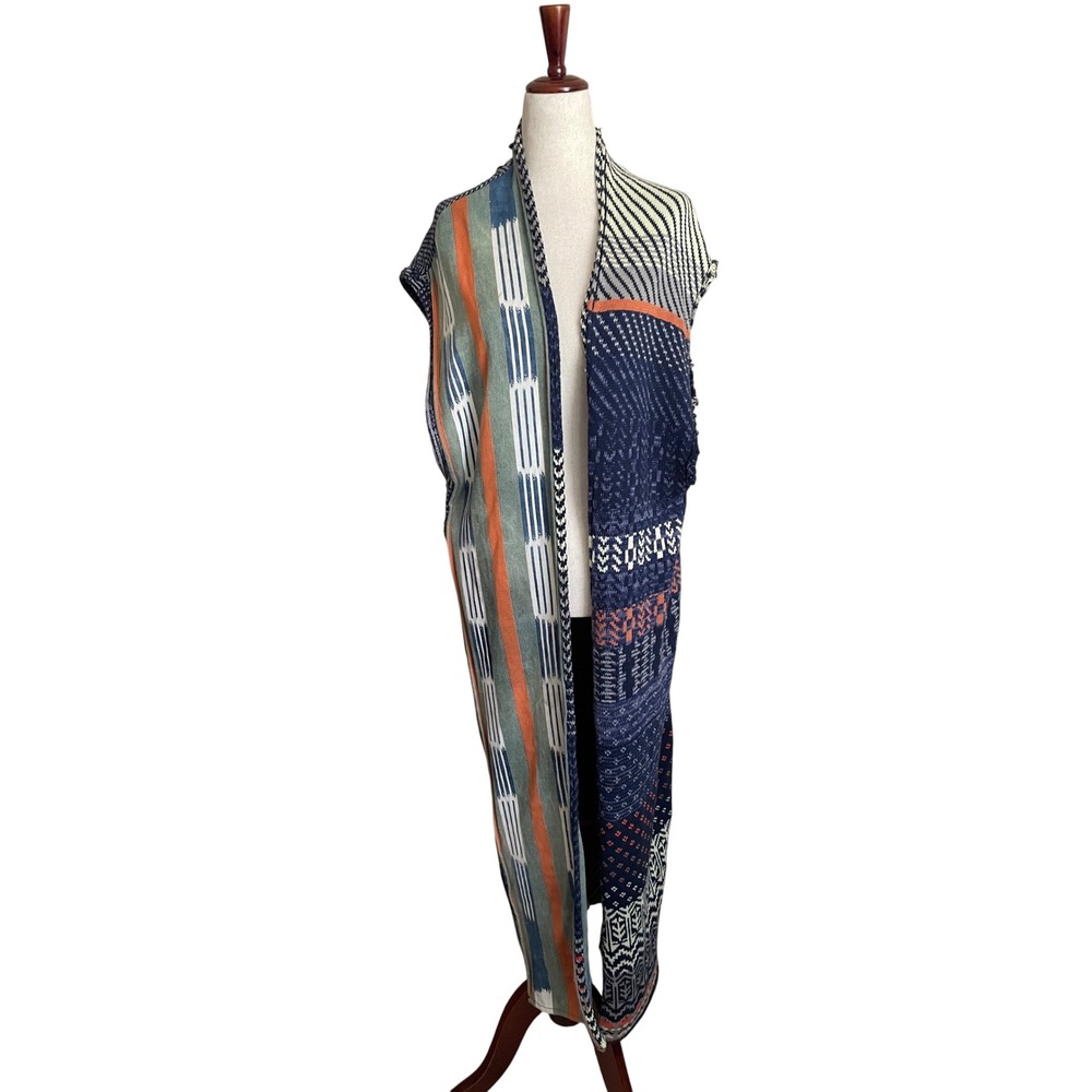 Free People Blue Skies Maxi Vest Patchwork Boho Sweater Duster XS Long Layering - Picture 2 of 7